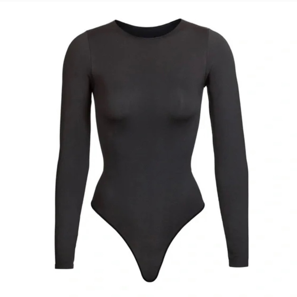Skims Essential Crew Neck Long Sleeve Bodysuit XXS In Onyx NWOT